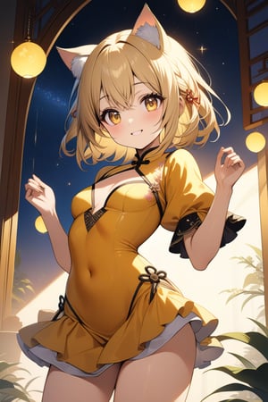 A masterpiece of CG unity! A stunning 8k wallpaper featuring a captivating 15-year-old loli with big eyes, shining yellow orbs that seem to sparkle like the brightest stars. Her blonde hair, styled in a wavy short bob, frames her cherubic face and bright smile. The model's impressive bosom is proudly displayed beneath the fitted sleeves of her vibrant yellow Chinese dress, which falls just past her wrists. A subtle microskirt adds a touch of playfulness to this already enchanting composition. Framed by a warm, soft light, the subject's cat ears and striking features are the focal point of this ultra-detailed masterpiece.