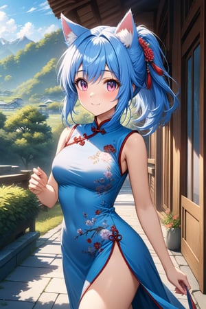 master piece, best quality, highly detailed, ultra detailed, more detail XL, extremely detailed CG unity 8k wallpaper, 
1 woman, 20 years old, cute, cat ears, pink eyes, blue hair, medium hair, ponytail, blue Chinese dresses, side slit dress, smile, morning, outdoor, walking, from side,