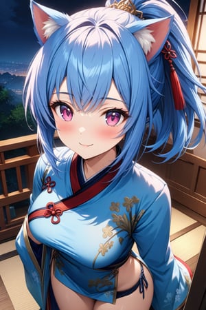 master piece, best quality, highly detailed, ultra detailed, more detail XL, extremely detailed CG unity 8k wallpaper, 
1 woman, 20 years old, cute, cat ears, pink eyes, blue hair, medium hair, ponytail, light blue Chinese traditional clothes, microskirt, night time, smile, 