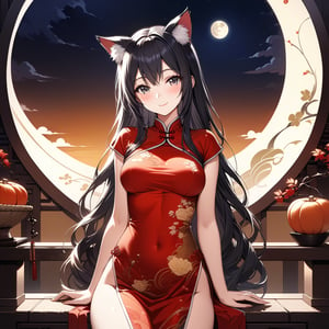 master piece, best quality, highly detailed, ultra detailed, more detail XL, extremely detailed CG unity 8k wallpaper, 
1 woman, 22 years old, smile, cat ears, red Chinese dresses, pelvic curtain,,black hair, long hair, 
night time, 
Mid-Autumn Harvest Moon, looking at the moon, 