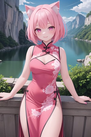 master piece, best quality, highly detailed, ultra detailed, more detail XL, extremely detailed CG unity 8k wallpaper, 
1 girl,14 years old, jewelry pink, cat ears, pink eyes, pink hair, short hair, smile,
pink Chinese dresses, side slit dress, ,(masterpiece),scenery