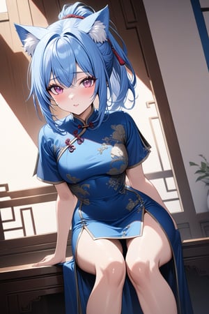 master piece, best quality, highly detailed, ultra detailed, more detail XL, extremely detailed CG unity 8k wallpaper, 
1 woman, 20 years old, cute, cat ears, pink eyes, blue hair, medium hair, ponytail, blue Chinese dresses, side slit dress,