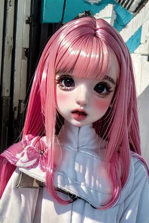 a cute doll, cyan pink hair, long gold and white dress ocean cliff, detailed face, vines, stars, ((surrealism)), (abstract), intricately detailed   art triadic colors, fantastical, splash screen, fantasy high magic concept art, 8k resolution, (masterpiece), oil painting, heavy strokes, HW*,long hair ,hair bangs are above the eyebrows,pink lips,no bang,Narin,beautyniji,1girl,women,girl,realistic,EpicDoll,pink lips,EpicMakeup,short neck,cute face,