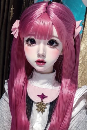 a cute doll, cyan pink hair, long gold and white dress ocean cliff, detailed face, vines, stars, ((surrealism)), (abstract), intricately detailed   art triadic colors, fantastical, splash screen, fantasy high magic concept art, 8k resolution, (masterpiece), oil painting, heavy strokes, HW*,long hair ,hair bangs are above the eyebrows,pink lips,no bang,Narin,beautyniji,1girl,women,girl,realistic,EpicDoll,pink lips,EpicMakeup,short neck,cute face,