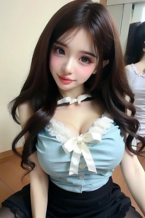 1girl, long wavy hair, blue eyes, looking at viewer, white thighhighs, sitting, bow , dress, cherry, hair bow, blush, lips, apron, indoors, a+ short sleevesblue dress, parted lips, facial mark,  lace, smile, frills,holding,  ribbon, lace trim,best quality, highly detailed, extremely detailed cg unity 8k , depth of field, cute girl, beautiful face, teenager, (sagging huge breasts), heavy breathing, (ahegao:0.4), tongue out, aroused face, blush, wet skin, dark brown hair, low ponytail hair, huge eyes, bondage, bust shot,
 wet tongue out ,portrait,Hot ,shiny black pantyhose,Camisole dress