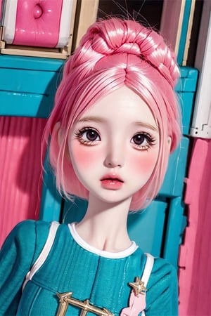 a cute doll, cyan pink hair, long gold and white dress ocean cliff, detailed face, vines, stars, ((surrealism)), (abstract), intricately detailed   art triadic colors, fantastical, splash screen, fantasy high magic concept art, 8k resolution, (masterpiece), heavy strokes,long hair ,hair bangs are above the eyebrows,pink lips,no bang,Narin,beautyniji,1girl,women,girl,realistic,EpicDoll,pink lips,EpicMakeup,short neck,cute face,