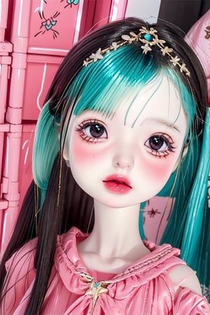 a cute doll, cyan pink hair, long gold and white dress ocean cliff, detailed face, vines, stars, ((surrealism)), (abstract), intricately detailed   art triadic colors, fantastical, splash screen, fantasy high magic concept art, 8k resolution, (masterpiece), heavy strokes,long hair ,hair bangs are above the eyebrows,pink lips,no bang,Narin,beautyniji,1girl,women,girl,realistic,EpicDoll,pink lips,EpicMakeup,short neck,cute face,