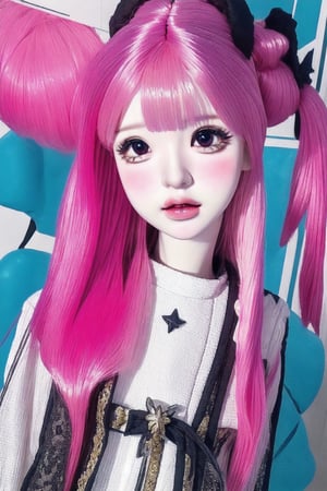 a cute doll, cyan pink hair, long gold and white dress ocean cliff, detailed face, vines, stars, ((surrealism)), (abstract), intricately detailed   art triadic colors, fantastical, splash screen, fantasy high magic concept art, 8k resolution, (masterpiece), oil painting, heavy strokes, HW*,long hair ,hair bangs are above the eyebrows,pink lips,no bang,Narin,beautyniji,1girl,women,girl,realistic,EpicDoll,pink lips,EpicMakeup,short neck,cute face,