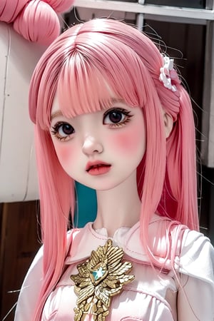 a cute doll, cyan pink hair, long gold and white dress ocean cliff, detailed face, vines, stars, ((surrealism)), (abstract), intricately detailed   art triadic colors, fantastical, splash screen, fantasy high magic concept art, 8k resolution, (masterpiece), heavy strokes,long hair ,hair bangs are above the eyebrows,pink lips,no bang,Narin,beautyniji,1girl,women,girl,realistic,EpicDoll,pink lips,EpicMakeup,short neck,cute face,