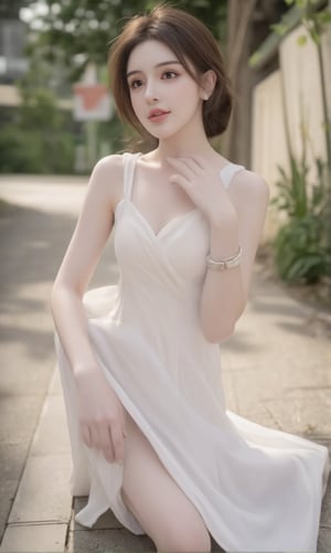 1girl, solo, brown hair, dress, holding, jewelry, sitting, outdoors, hair bun, white dress, bracelet, looking to the side, pretty clothes, single hair bun, sexy dress, photo background,shiny pantyhose,drop hand,