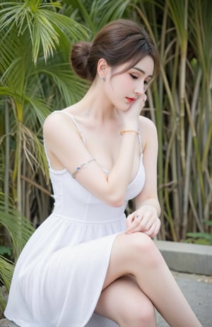 1girl, solo, brown hair, dress, holding, jewelry, sitting, outdoors, hair bun, white dress, bracelet, looking to the side, pretty clothes, single hair bun, sexy dress, photo background,shiny pantyhose,