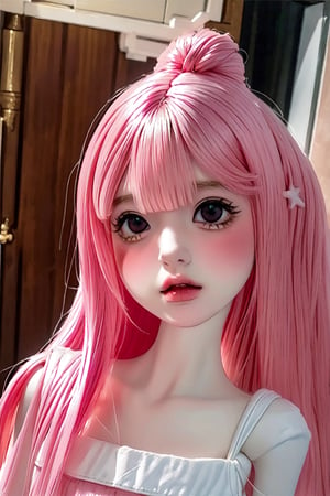 a cute doll, cyan pink hair, long gold and white dress ocean cliff, detailed face, vines, stars, ((surrealism)), (abstract), intricately detailed   art triadic colors, fantastical, splash screen, fantasy high magic concept art, 8k resolution, (masterpiece), heavy strokes,long hair ,hair bangs are above the eyebrows,pink lips,no bang,Narin,beautyniji,1girl,women,girl,realistic,EpicDoll,pink lips,EpicMakeup,short neck,cute face,