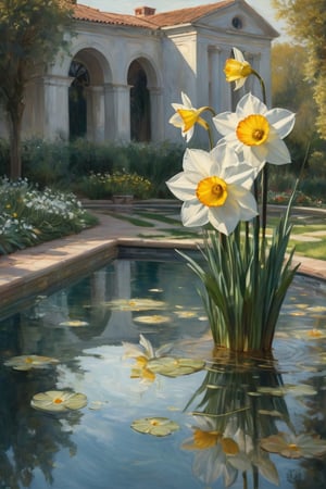 ultra-detailed colored illustration 



The Blooming of the Narcissus Flower
Prompt: "A single, elegant Narcissus flower blooms at the edge of the pool, its white petals and yellow center glowing softly in the dim light. The flower stands alone, a symbol of beauty, fragility, and the tragic end of Narcissus. The reflection of the flower can be seen in the pool, a gentle reminder of the man who once gazed into it."






the precision of John Singer Sargent 


background A: A swirling dreamscape with melting clocks and distorted landscapes, an extremely detailed, masterpiece, stunning illustration, open eyes, A unique blend of art styles, and digital pain
