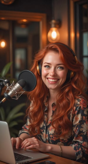 
 "A woman in a podcast studio "A beautiful woman with flowing red hair and emerald green eyes. The woman is relaxed and smiling, her red hair cascading down her shoulders in loose waves. Her emerald green eyes sparkle with contentment. 
", sitting at a desk with a podcast microphone in front of her. She is wearing stylish headphones, her laptop open beside her. The room is decorated with soft, warm lighting and modern soundproofing panels. She is talking confidently into the microphone, with a friendly and animated expression, recording a podcast episode."
