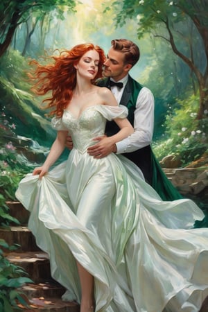 ultra-detailed colored illustration 


  A beautiful woman with flowing red hair and emerald green eyes.
The woman is relaxed and smiling, her red hair cascading down her shoulders in loose waves. Her emerald green eyes sparkle with contentment.
She is dressed in a wedding dress that contrasts with the vibrant colors of the scene around her. with her boyfriend and kissing him 



the precision of John Singer Sargent 


background A: A swirling dreamscape with melting clocks and distorted landscapes, an extremely detailed, masterpiece, stunning illustration, open eyes, A unique blend of art styles, and digital pain
