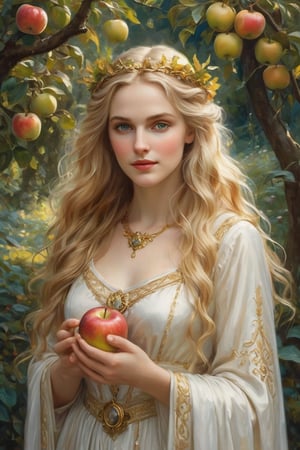 ultra-detailed colored illustration 



"Show Idunn, the Norse goddess of youth and immortality, with an ethereal, youthful appearance. She should have long, flowing golden hair, a gentle smile, and hold glowing golden apples in her hands, symbolizing her role as the keeper of immortality. Her attire is simple but elegant, blending with nature, and she stands in a lush, enchanted garden with vibrant trees and plants. The background should feel peaceful and magical, with a soft golden light that complements her divine beauty."




the precision of John Singer Sargent 


background A: A swirling dreamscape with melting clocks and distorted landscapes, an extremely detailed, masterpiece, stunning illustration, open eyes, A unique blend of art styles, and digital pain
