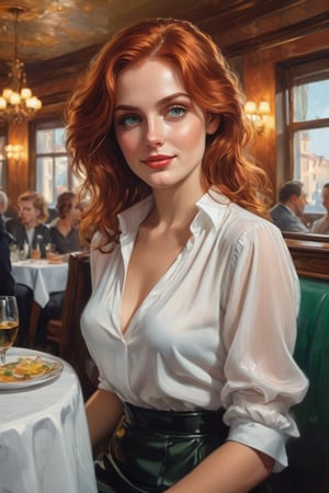 ultra-detailed colored illustration 


In a small restaurant in a hotel in an Eastern European City at 9:00 is where a scene unfolds as a thin 27-year-old Ukrainian  beautiful woman with flowing red hair and emerald green eyes.
The woman is relaxed and smiling, her red hair cascading down her shoulders in loose waves. Her emerald green eyes sparkle with contentment. wearing a sheer white unbuttoned blouse, shiny black satin micro skirt, shiny black knee-high boots, sits with a 50-year-old tall with short dark blonde hair Nordic man, both of them eating and staring at each other. She winks her eye and smiles. The bright sunlight illuminates the spartan sparse scene with a bright glow. The scene is in the intimate atmosphere of a small restaurant in a Soviet era small hotel in an eastern European city. The overall atmosphere is sensual and romantic, with a focus on the intense connection between them




the precision of John Singer Sargent 


background A: A swirling dreamscape with melting clocks and distorted landscapes, an extremely detailed, masterpiece, stunning illustration, open eyes, A unique blend of art styles, and digital pain
