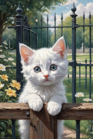 ultra-detailed colored illustration  
A playful scene of a tiny white kitten with wide eyes peeking out from behind the school gate, the vastness of the park beyond enticing her. wears a school uniform 

the precision of John Singer Sargent 


background A: A swirling dreamscape and distorted landscapes, an extremely detailed, masterpiece, stunning illustration, open eyes, A unique blend of art styles, and digital pain
