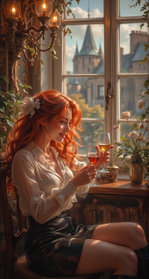 @ In a cozy Soviet-era hotel restaurant in an Eastern European city, at 9:00 PM, a stunning Ukrainian woman with flowing red hair and emerald green eyes sits across from her Nordic boyfriend , both lost in the warmth of their intimate connection. Her red locks cascade down her shoulders like loose waves, as she smiles and winks at him, her emerald eyes sparkling with contentment. She wears a sheer white unbuttoned blouse, a shiny black satin micro skirt, and knee-high boots, her outfit illuminated by the bright sunlight streaming through the window. The couple's tender moment is set against a softly blurred backdrop of Edinburgh's iconic architecture, with stone buildings and historic spires fading into the distance.