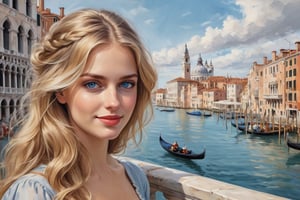 ultra-detailed colored illustration a young woman in her mid-20s with long, flowing blond hair and blue eyes. with friendly smile at Venice, Italy. Features that suggest Italian origin the precision of John Singer Sargent. Capture a recognizable Venetian landmark in the background Rialto Bridge background A: A swirling dreamscape with melting clocks and distorted landscapes, an extremely detailed, masterpiece, stunning illustration, open eyes, A unique blend of art styles, and digital pain