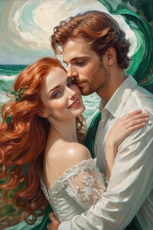 ultra-detailed colored illustration 


  A beautiful woman with flowing red hair and emerald green eyes.
The woman is relaxed and smiling, her red hair cascading down her shoulders in loose waves. Her emerald green eyes sparkle with contentment.
She is dressed in a wedding dress and Veil that contrasts with the vibrant colors of the scene around her. with her bridegroom and kissing him 



the precision of John Singer Sargent 


background A: A swirling dreamscape with melting clocks and distorted landscapes, an extremely detailed, masterpiece, stunning illustration, open eyes, A unique blend of art styles, and digital pain
