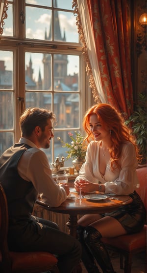 @ In a cozy Soviet-era hotel restaurant in an Eastern European city, at 9:00 PM, a stunning Ukrainian woman with flowing red hair and emerald green eyes sits across from her Nordic companion, both lost in the warmth of their intimate connection. Her red locks cascade down her shoulders like loose waves, as she smiles and winks at him, her emerald eyes sparkling with contentment. She wears a sheer white unbuttoned blouse, a shiny black satin micro skirt, and knee-high boots, her outfit illuminated by the bright sunlight streaming through the window. The couple's tender moment is set against a softly blurred backdrop of Edinburgh's iconic architecture, with stone buildings and historic spires fading into the distance.