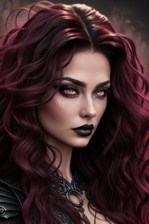 
Stunning Overdetailed masterpiece, Marc Silvestri style, Victoria Frances style, manga  style, mixed with dark elements, high resolution, vibrant colors, realistic skin, fantasy, Digital painting of a beautiful fuchsia curly extremely long hair goth girl, Her eyes are big and round, voluminous lips,


