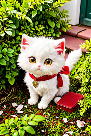 
A photo of the exhausted kitten a cute white furry kitten with big eyes, wearing a red school uniform curled up under a bush, her fur matted and torn, a hint of a bruise visible on her tiny paw.
