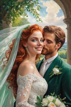 ultra-detailed colored illustration 


  A beautiful woman with flowing red hair and emerald green eyes.
The woman is relaxed and smiling, her red hair cascading down her shoulders in loose waves. Her emerald green eyes sparkle with contentment.
She is dressed in a wedding dress and Veil that contrasts with the vibrant colors of the scene around her. with her bridegroom and kissing him 



the precision of John Singer Sargent 


background A: A swirling dreamscape with melting clocks and distorted landscapes, an extremely detailed, masterpiece, stunning illustration, open eyes, A unique blend of art styles, and digital pain
