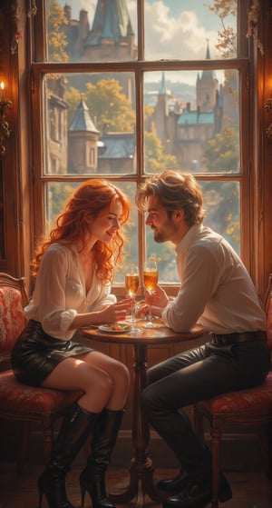 @ In a cozy Soviet-era hotel restaurant in an Eastern European city, at 9:00 PM, a stunning Ukrainian woman with flowing red hair and emerald green eyes sits across from her Nordic boyfriend , both lost in the warmth of their intimate connection. Her red locks cascade down her shoulders like loose waves, as she smiles and winks at him, her emerald eyes sparkling with contentment. She wears a sheer white unbuttoned blouse, a shiny black satin micro skirt, and knee-high boots, her outfit illuminated by the bright sunlight streaming through the window. The couple's tender moment is set against a softly blurred backdrop of Edinburgh's iconic architecture, with stone buildings and historic spires fading into the distance.