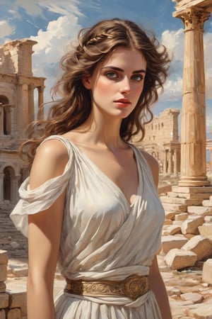 ultra-detailed colored illustration  

    - "Create an image of Zenobia“A young white woman with brown hair and brown eyes” as a symbol of courage and strength, with a backdrop of Palmyra ruins and a quote about freedom and dignity."


the precision of John Singer Sargent 


background A: A swirling dreamscape and distorted landscapes, an extremely detailed, masterpiece, stunning illustration, open eyes, A unique blend of art styles, and digital pain