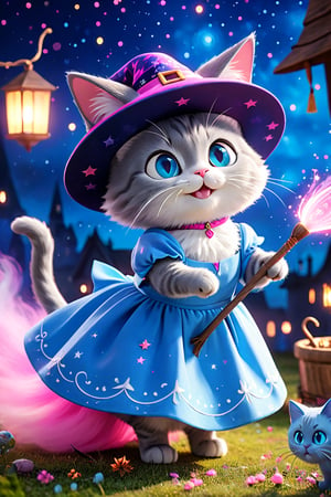 
cinematic film still ((BBC Style)) picture of The Ugly Cat's Appearance
"The witch cat  "A gray cat dressed as a witch" smiling kindly as she casts a spell to return the beautiful cat t"a beautiful cat with sleek white fur and bright blue eyes with a cute pink dress," to her original form, with colorful magic swirling around."




shallow depth of field, vignette, highly detailed, high budget, bokeh, cinemascope, moody, epic, gorgeous, film grain, grainy, high-quality photography, 3 point lighting, flash with a softbox, 4k, Canon EOS R3, hdr, smooth, sharp focus, high resolution, award-winning photo, 80mm, f2.8, bokeh
