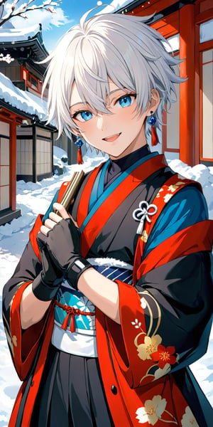 solo, looking at viewer, smile, short hair, open mouth, blue eyes, gloves, 1boy, holding, jewelry, white hair, male focus, earrings, outdoors, japanese clothes, black gloves, fingerless gloves, instrument, snow, bishounen, 