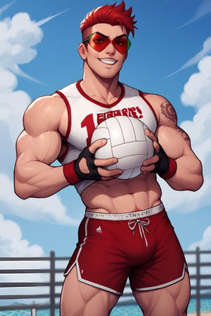 The illustration shows a male character with a muscular and exaggerated appearance, inspired by the comic and cartoon style. The man is wearing a sleeveless blue and white striped t-shirt that highlights his muscular torso and tight red sports-style shorts. She is posing with a big smile that shows off her perfect white teeth, while holding a volleyball in one hand. The character has a tattoo of a red heart wrapped in a ribbon on his left arm. He also wears red sports sunglasses and a green visor with the word "macho" written on it. Her hairstyle is curly, and her posture reflects confidence and energy, with a relaxed but proud attitude. . The general style of the illustration is bright, with saturated colors and a fun, almost parodic air. Muscle ,Solo, style cartoon,,cartoonL,score_6_up, score_5_up, score_4_up, score_7_up,, score_8_up,score_9