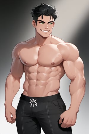 thad (nyantcha),1boy ,abs, black hair f,lexing green eyes looking away male male only muscles muscular muscular male smiling solo teeth showing