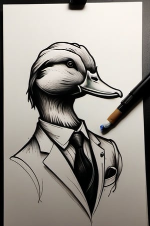 side profile of a distinguished duck wearing a suit, smoking a cigarette, fine line drawing, white background, 1.0 lineweight, minimalist tattoo design