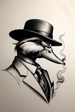 side profile of a distinguished duck wearing a suit, tie and hat, smoking a cigarette, fine line drawing, white background, 1.0 lineweight, minimalist tattoo design