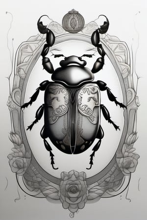 beetle with victorian doll face belly, white background, 1.0 lineweight, minimalist tattoo design