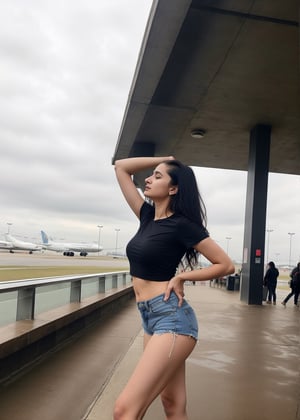 Lovely cute hot Alia Bhatt, acute an Instagram model 22 years old, full-length, long blonde_hair, baby_pink top, black hair, winter, on a airport, Indian, wearing a black color top and shorts jeans, Lives text on top

