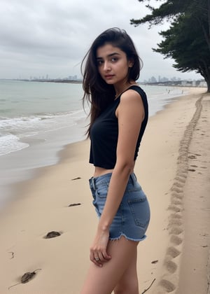 Lovely cute hot Alia Bhatt, acute an Instagram model 22 years old, full-length, long blonde_hair, black hair, winter, on a beach, Indian, wearing a black color top and shorts jeans, Lives text on top
