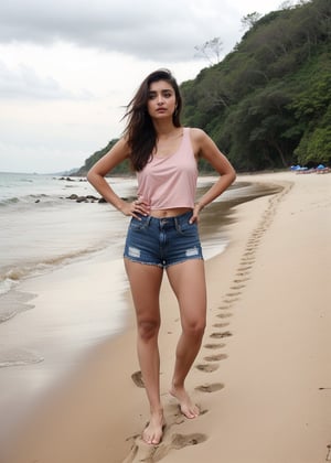 Lovely cute hot Alia Bhatt, acute an Instagram model 22 years old, full-length, long blonde_hair, baby_pink top, black hair, summer, on a beachside, Indian, wearing a black color top and shorts jeans, Lives text on top
