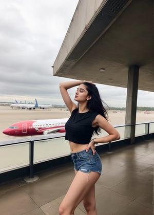 Lovely cute hot Alia Bhatt, acute an Instagram model 22 years old, full-length, long blonde_hair, black hair, winter, on a airport, Indian, wearing a black color top and shorts jeans, Lives text on top
