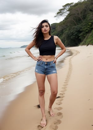 Lovely cute hot Alia Bhatt, acute an Instagram model 22 years old, full-length, long blonde_hair, Scarlet_top, black hair, summer, on a beachside, Indian, wearing a black color top and shorts jeans, Lives text on top
