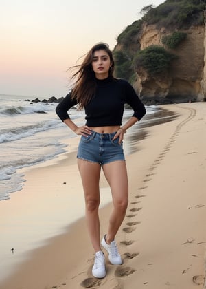Lovely cute hot Alia Bhatt, acute an Instagram model 22 years old, full-length, long blonde_hair, Slim-fit jeans, cozy sweater, black hair, summer, on a beachside, Indian, wearing a black color top and shorts jeans, Lives text on top
