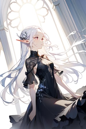 absurdres, [perfect shadows and lighting], detailed background, incredible high-key lighting, masterpiece, high quality, detailed, extremely detailed, ambient soft lighting, 1girl, elf, white and black dress, albino , white hair 