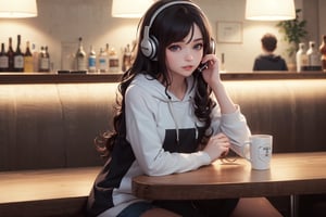 (masterpiece), (absurdres), (colorful picture, beautiful colors, colorful background, colourful lighting:0.5) ,1girl, cute girl, Arabian girl, curly hair, black hair, long hair , sea blue eyes, wearing hoodie, sitting in a bar, drinking hot tea, wearing headphones, reading a book,