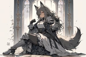 score_9, score_8_up, (best quality, masterpiece, highres:1.2) knight, 1girl, wolf ears, paw pose , sitting on legs, masterpiece, best quality, aesthetic,knight