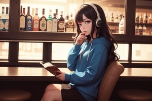 (masterpiece), (absurdres), (colorful picture, beautiful colors, colorful background, colourful lighting:0.5) ,1girl, cute girl, Arabian girl, curly hair, black hair, long hair , sea blue eyes, wearing hoodie, sitting in a bar, drinking hot tea, wearing headphones, reading a book,