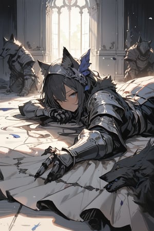 score_9, score_8_up, (best quality, masterpiece, highres:1.2) knight, 1girl, wolf ears, lying, masterpiece, best quality, aesthetic,knight