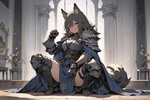 score_9, score_8_up, (best quality, masterpiece, highres:1.2) knight, 1girl, wolf ears, paw pose , sitting on legs, masterpiece, best quality, aesthetic,knight